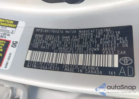 2018 Toyota Corolla Le from USA, damaged, VIN 2T1BURHEXJC053555